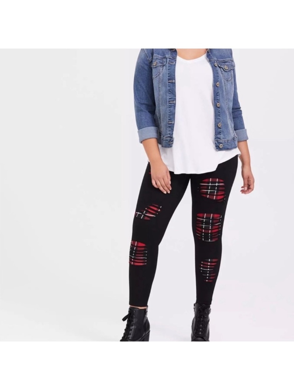 Torrid Signature Waist Full Length Slashed Red Plaid Detail Black Leggings 5